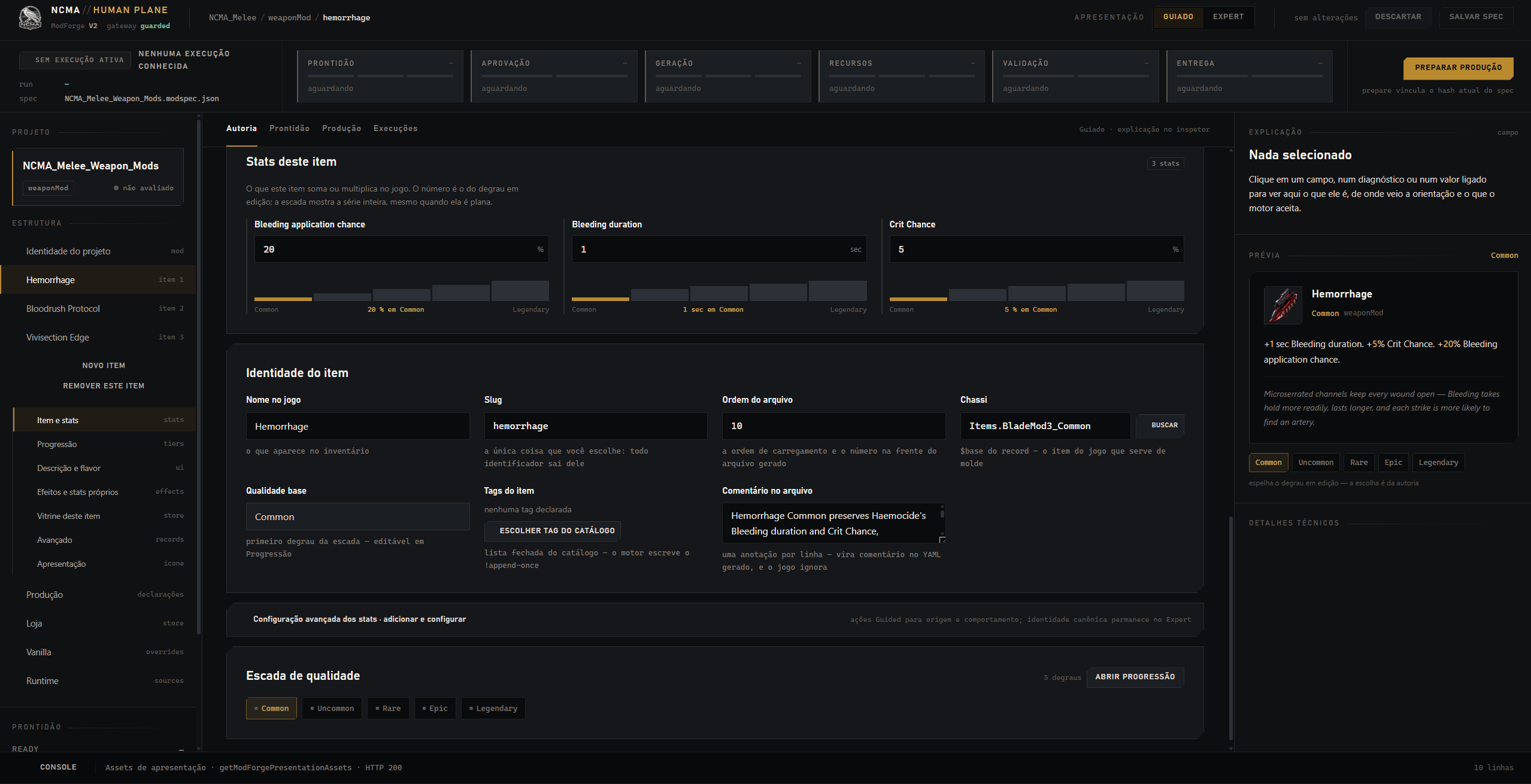 Human Plane authoring interface: item stats, quality progression and a preview of the effective mod